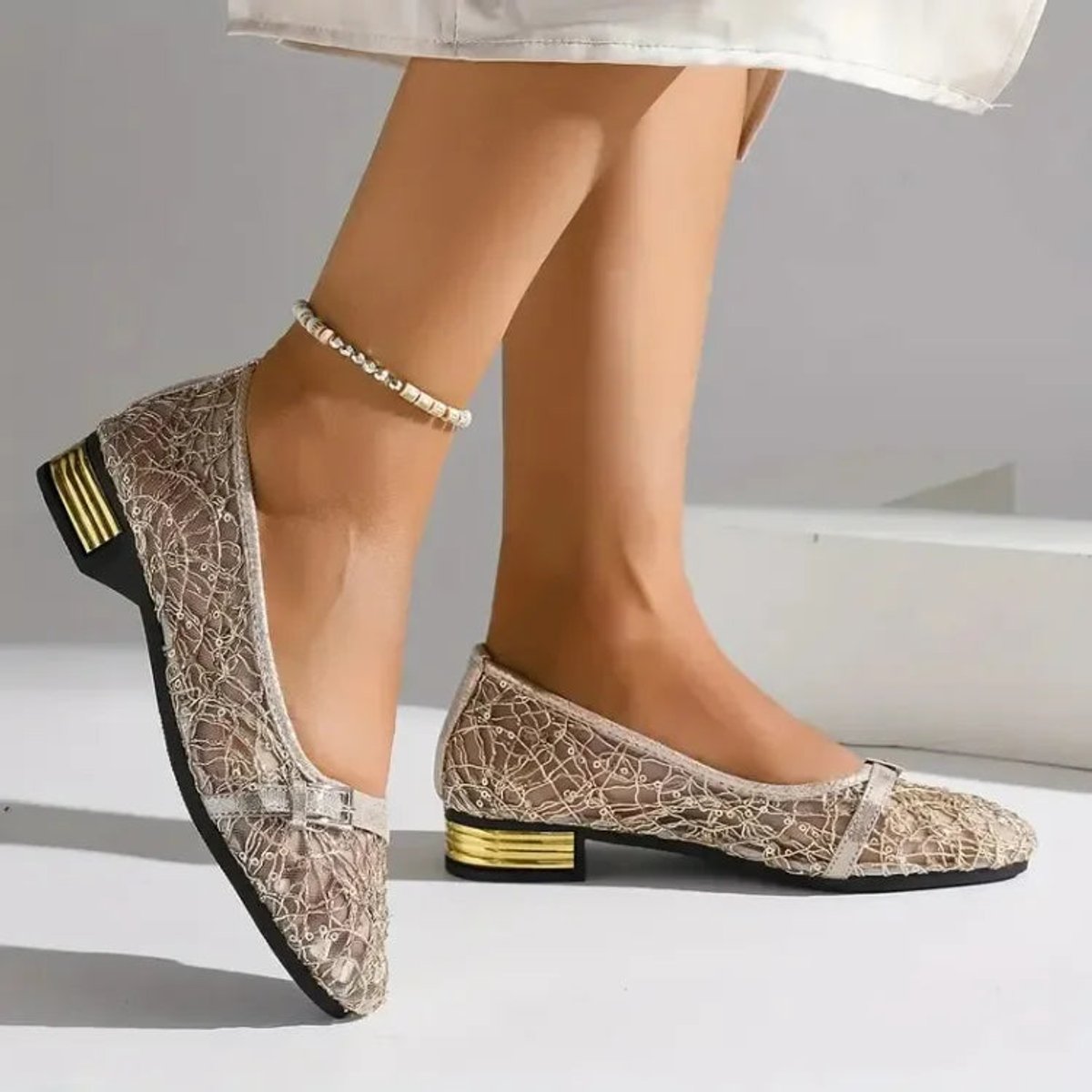 Women's Lace Mesh Square-Toe Block-Heel Loafers