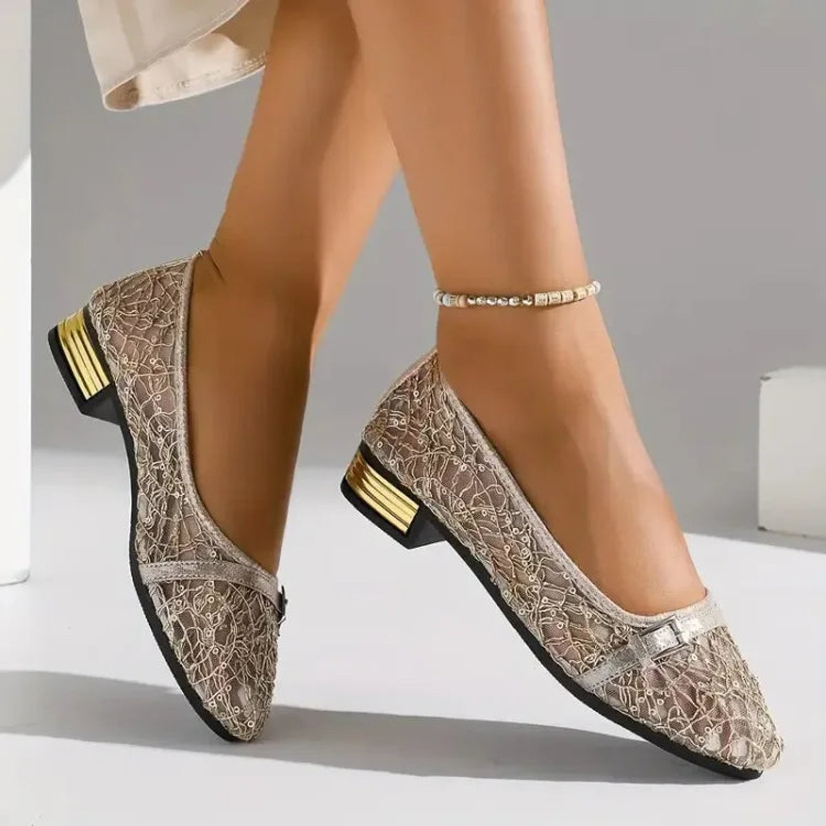Women's Lace Mesh Square-Toe Block-Heel Loafers
