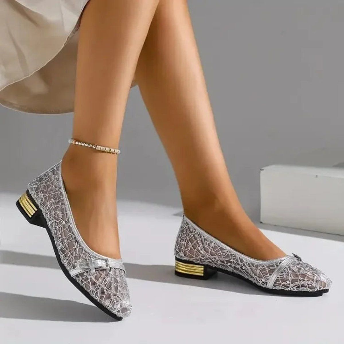 Women's Lace Mesh Square-Toe Block-Heel Loafers