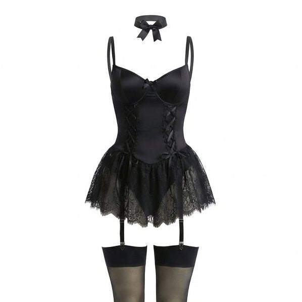 Women's Lace Ruffle Underwired Bustier Teddy Garter Set - Black