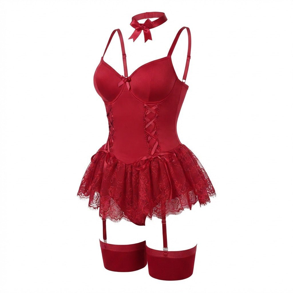 Women's Lace Ruffle Underwired Bustier Teddy Garter Set - Burgundy