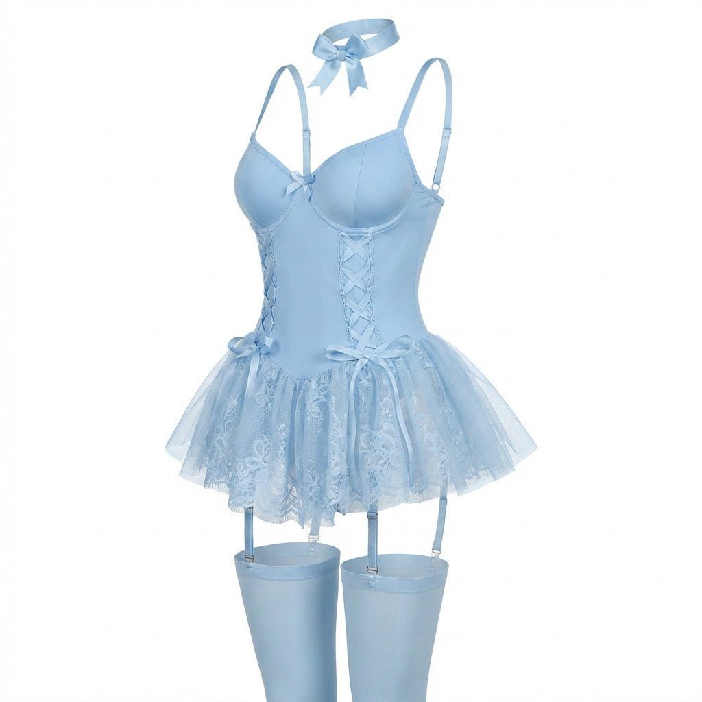 Women's Lace Ruffle Underwired Bustier Teddy Garter Set - Baby Blue