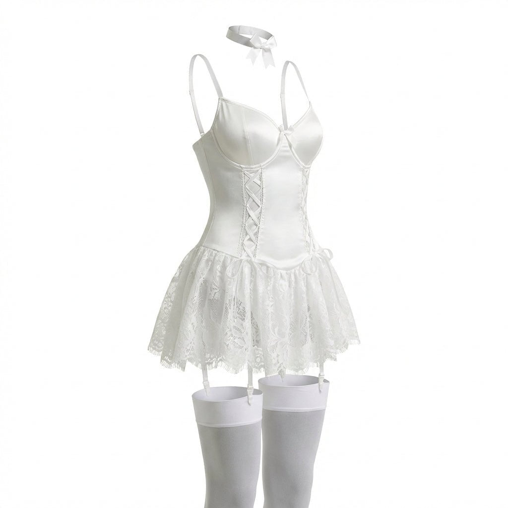 Women's Lace Ruffle Underwired Bustier Teddy Garter Set - White