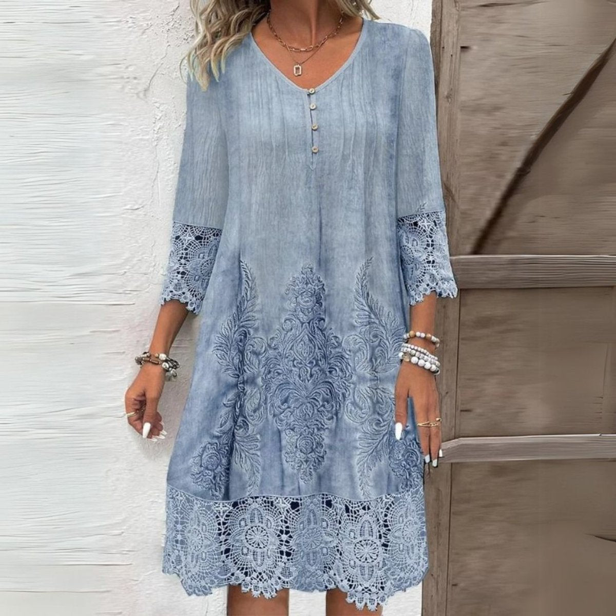 Women's Lace-Trim Embroidered Floral Dress V-Neck Midi - Blue (Almost sold out)