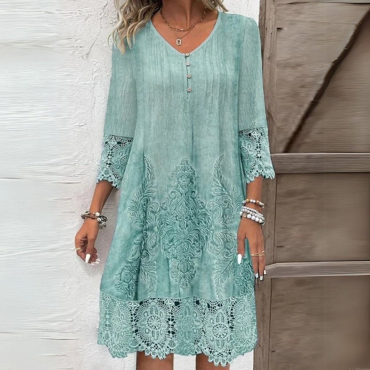 Women's Lace-Trim Embroidered Floral Dress V-Neck Midi - Green