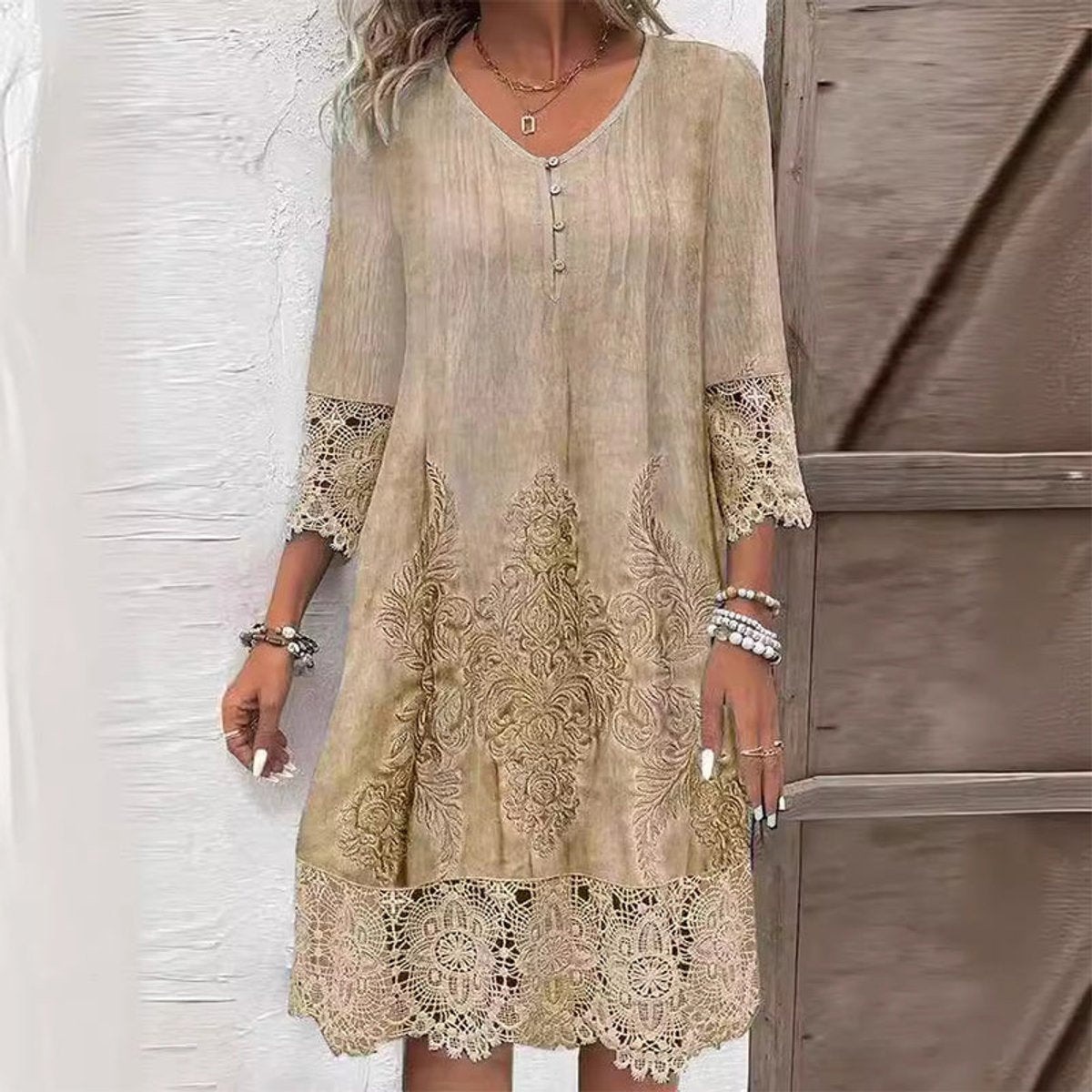Women's Lace-Trim Embroidered Floral Dress V-Neck Midi - Khaki