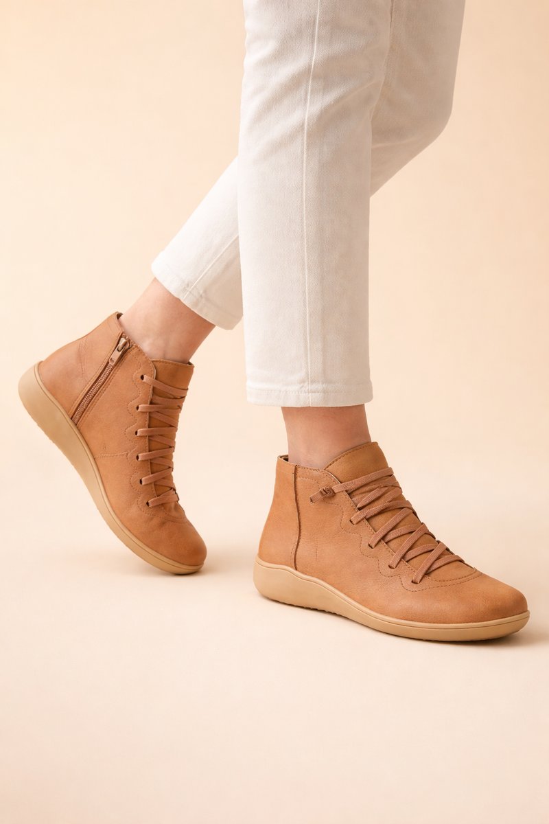 Women's Lace-Up Ankle Comfort Sneakers Side-Zip PU Leather Boots - Brown