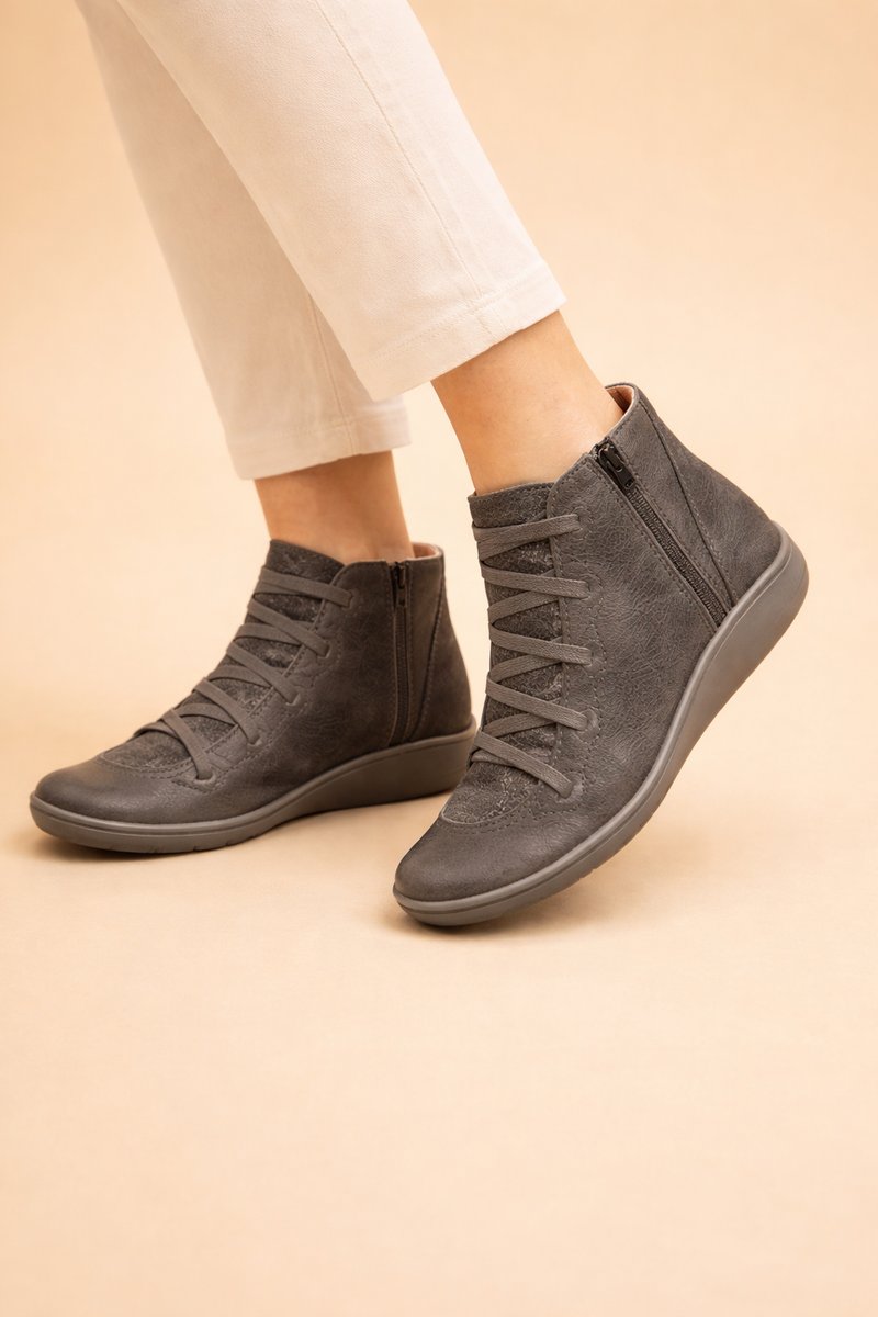 Women's Lace-Up Ankle Comfort Sneakers Side-Zip PU Leather Boots - Gray