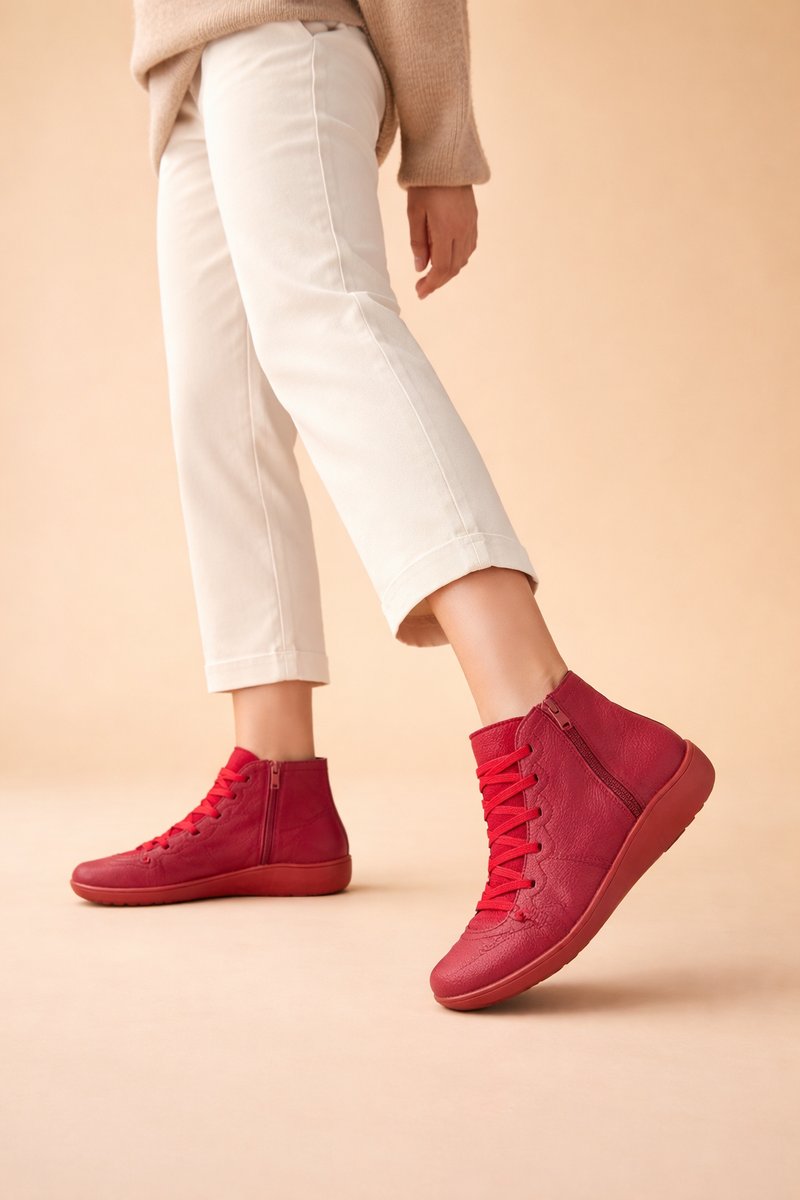 Women's Lace-Up Ankle Comfort Sneakers Side-Zip PU Leather Boots - Red