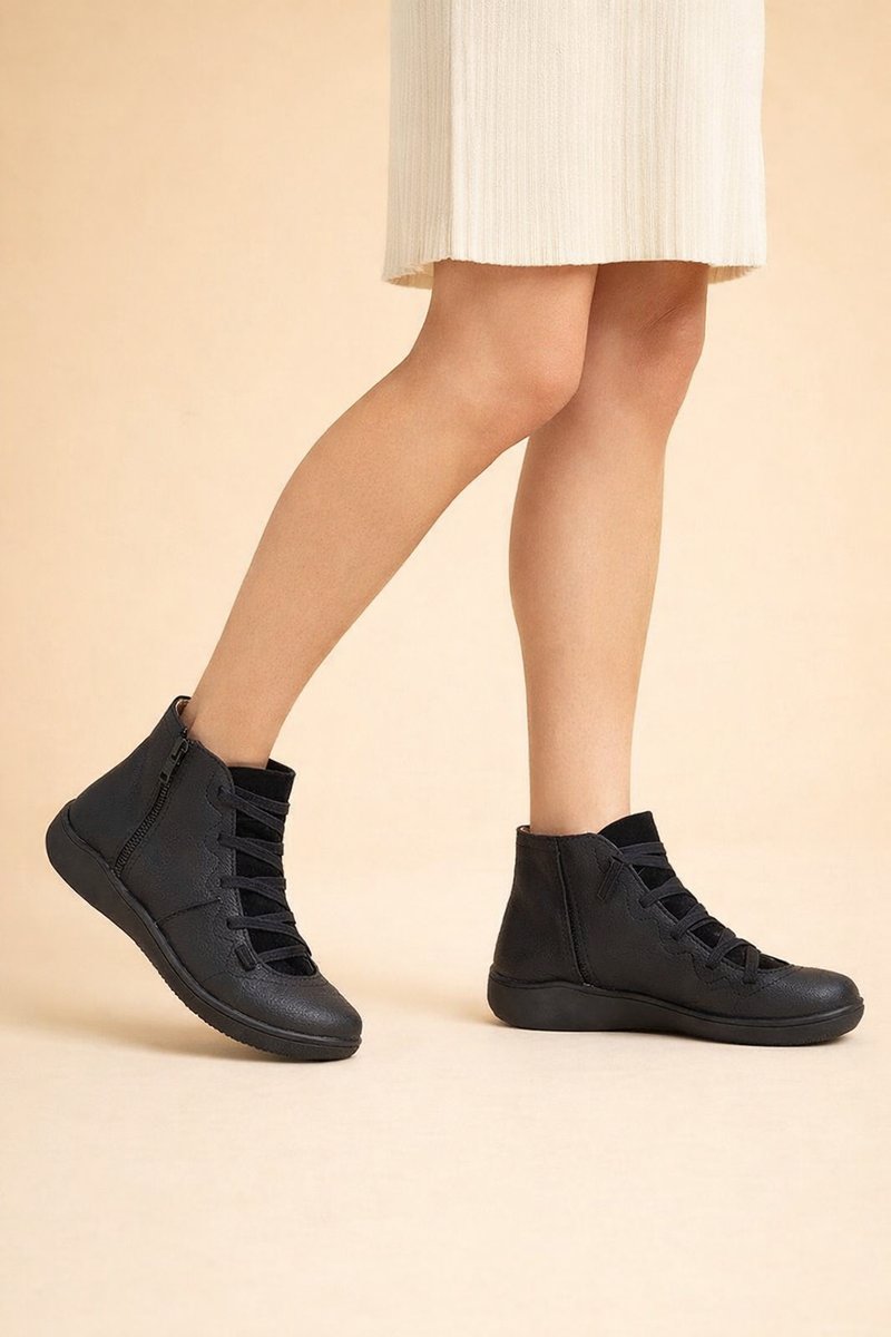 Women's Lace-Up Ankle Comfort Sneakers Side-Zip PU Leather Boots - Black