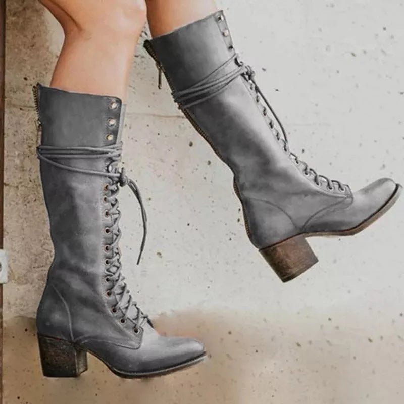 Women's Lace-Up Knee-High Leather Boots - Grey