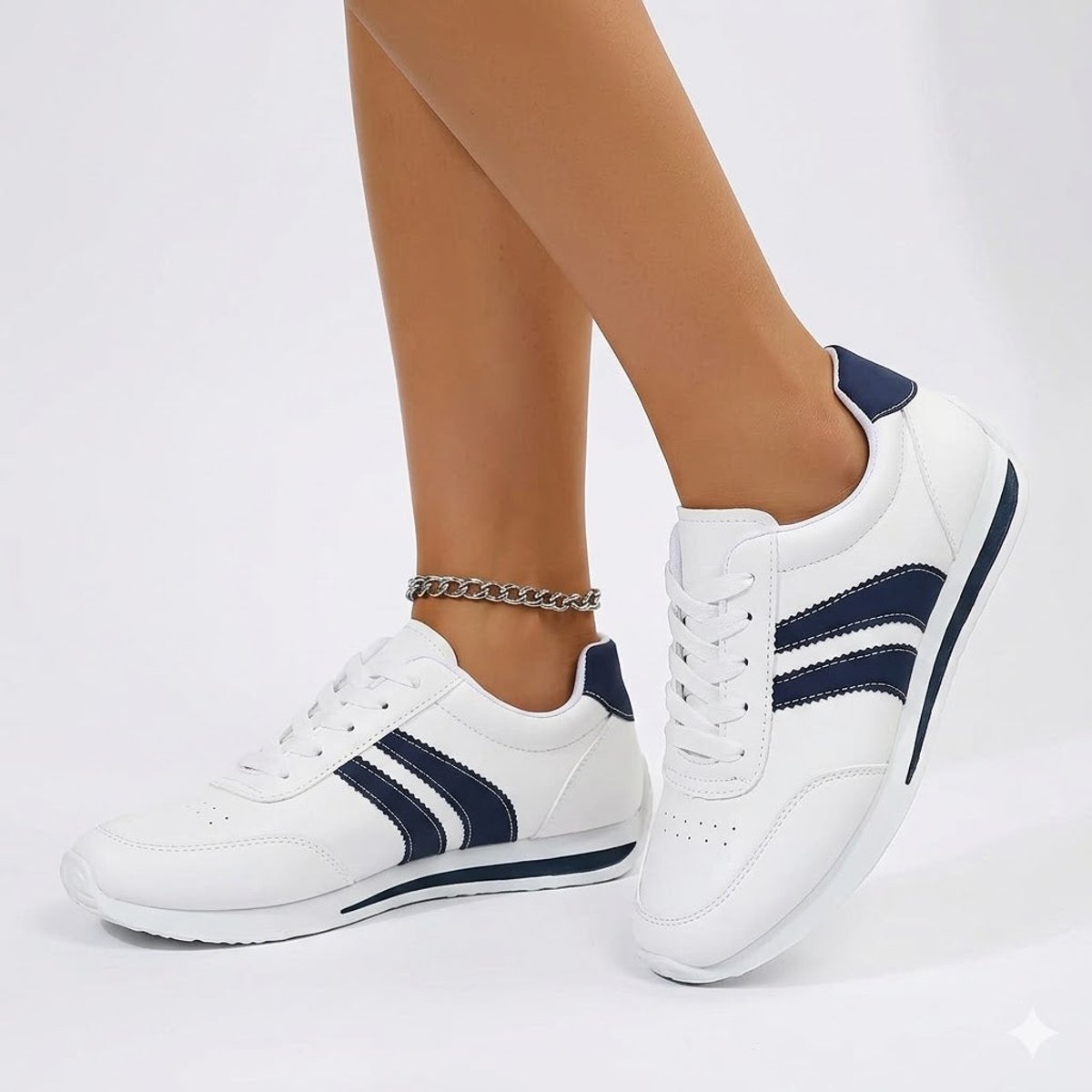 Women's Lace-Up PU Leather Striped Comfort Sneakers - White