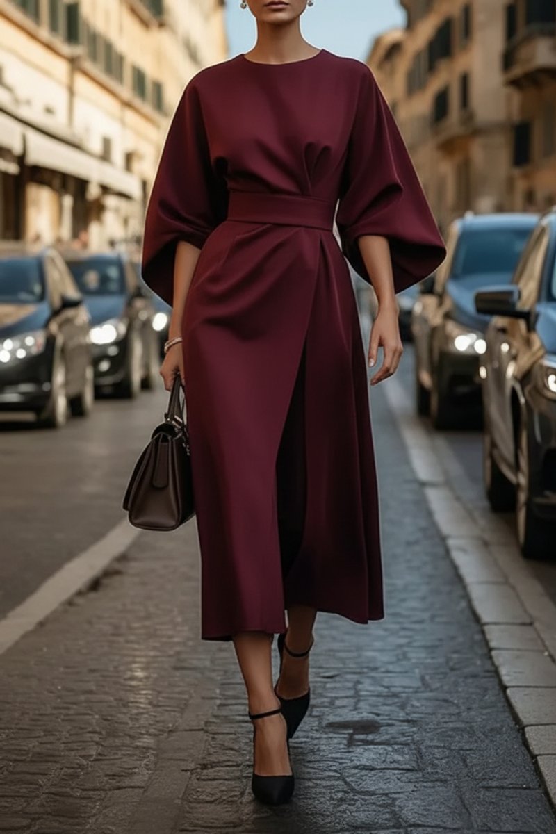 Women's Lantern-Sleeve Waist-Cinching Midi Cocktail Dress - Burgundy