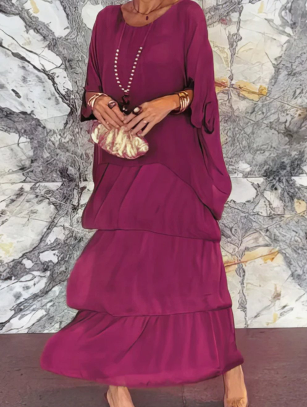 Women's Layered Chiffon Flowing Maxi Wedding Guest Dress, Olive Green - Purple