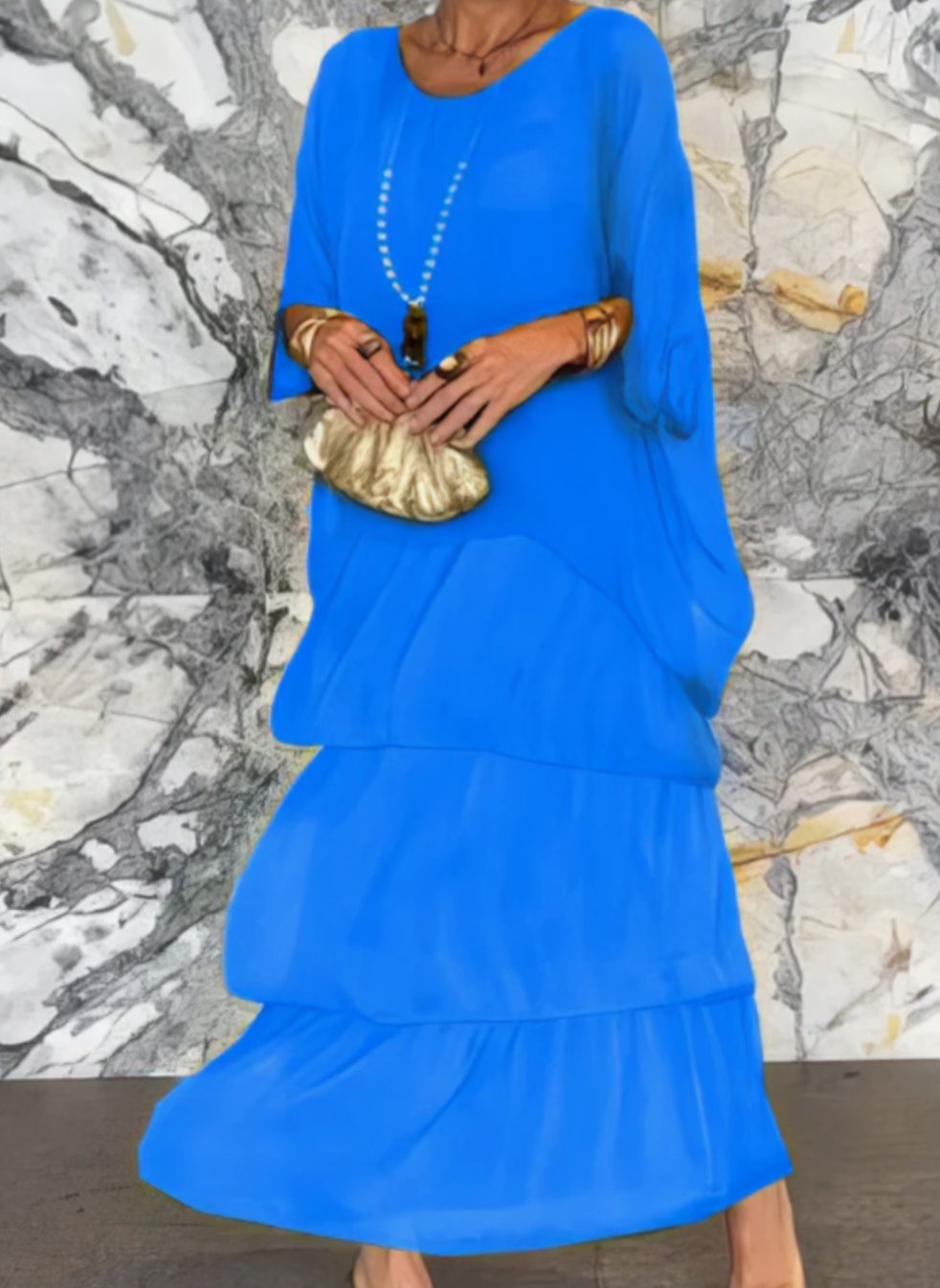 Women's Layered Chiffon Flowing Maxi Wedding Guest Dress, Olive Green - Blue