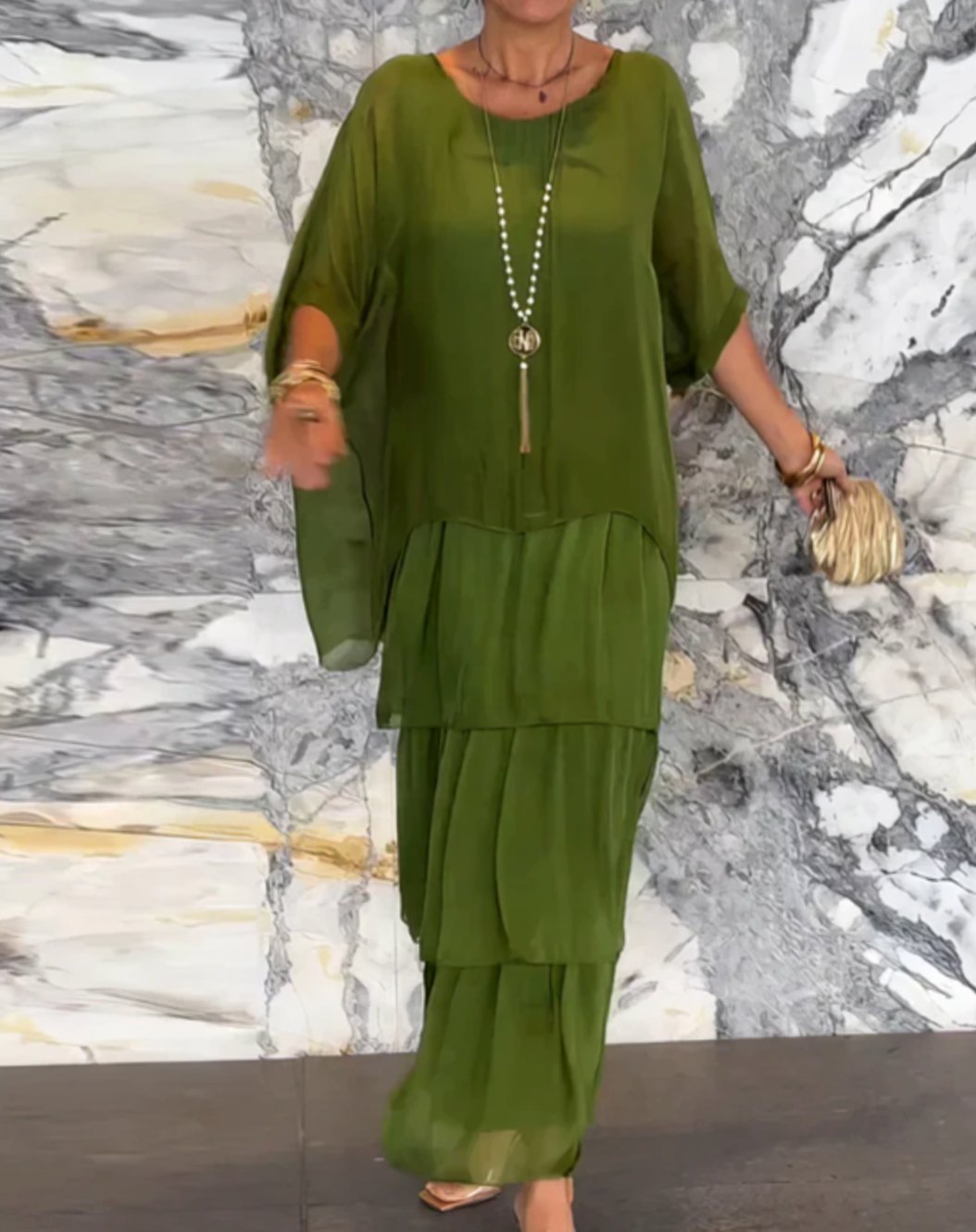 Women's Layered Chiffon Flowing Maxi Wedding Guest Dress, Olive Green