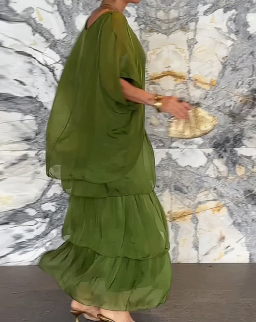 Women's Layered Chiffon Flowing Maxi Wedding Guest Dress, Olive Green