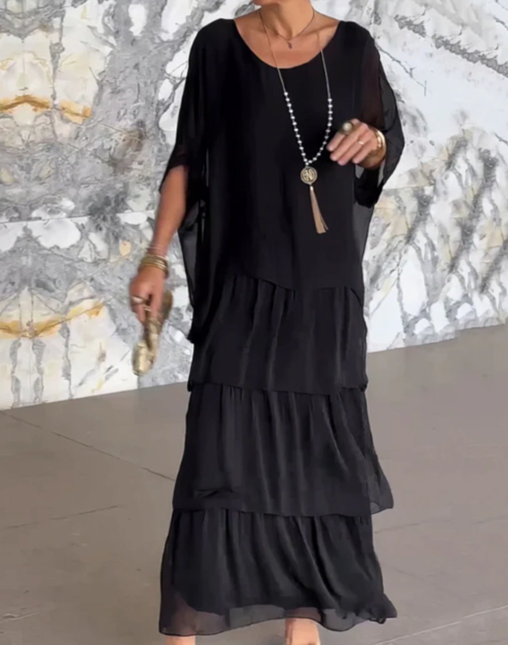 Women's Layered Chiffon Flowing Maxi Wedding Guest Dress, Olive Green - Black