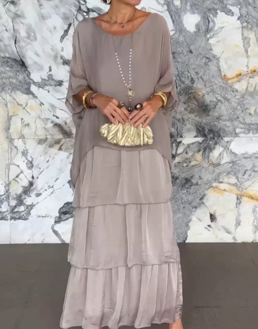 Women's Layered Chiffon Flowing Maxi Wedding Guest Dress, Olive Green - Gray