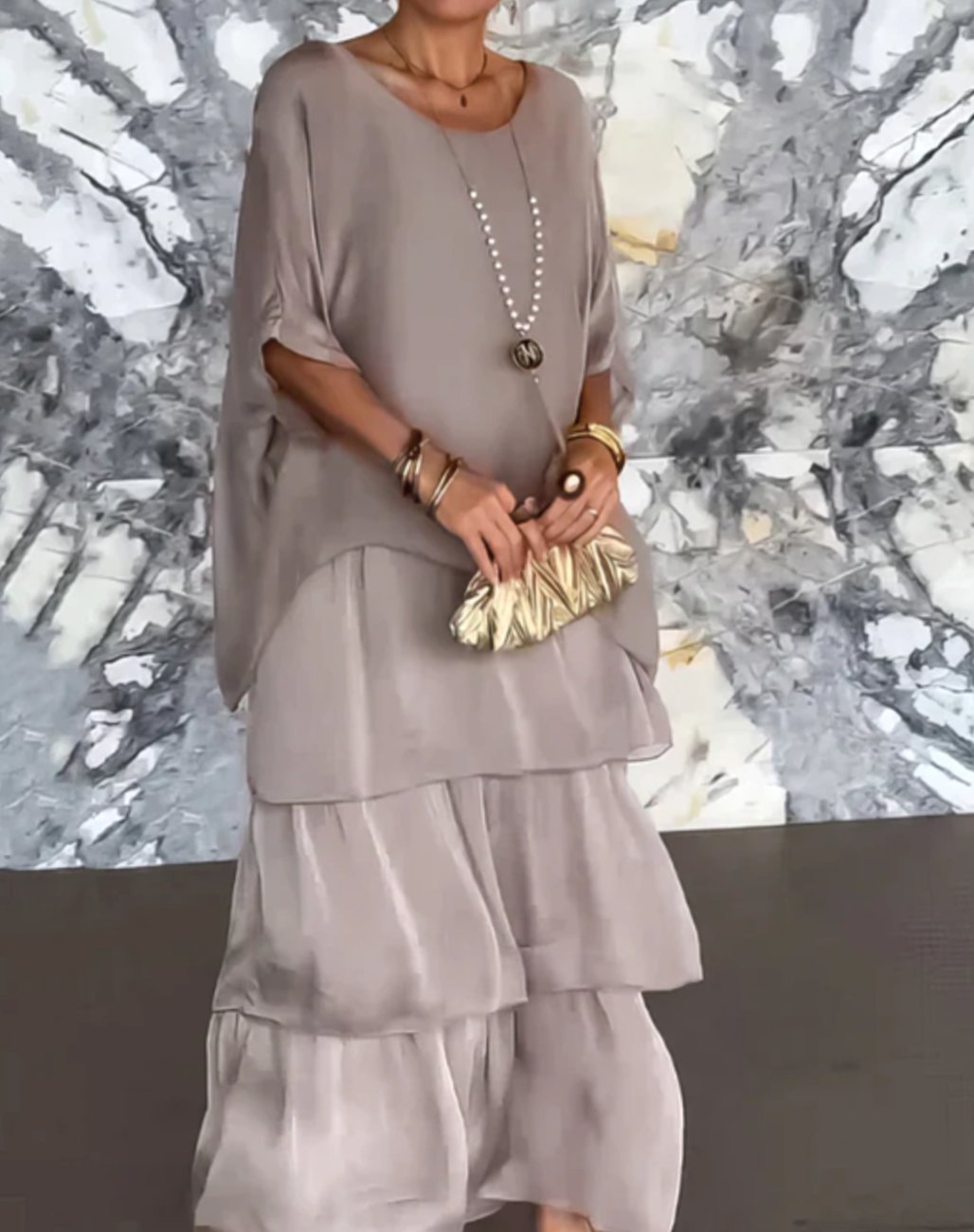 Women's Layered Chiffon Flowing Maxi Wedding Guest Dress, Olive Green