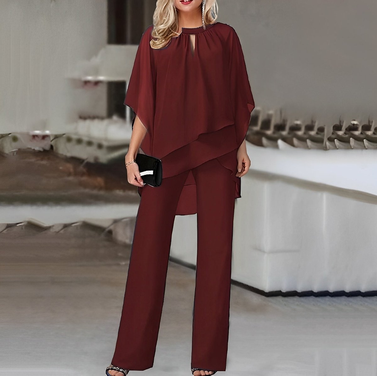 Women's Layered Chiffon Wide Leg Pants Two-Piece Set - Wine Red