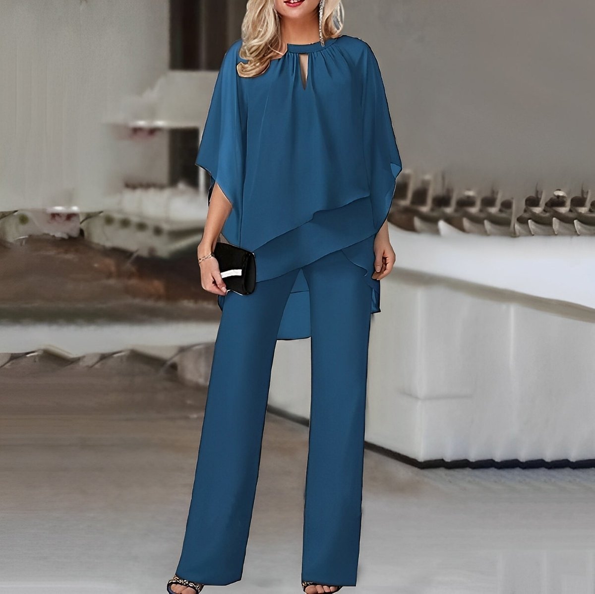 Women's Layered Chiffon Wide Leg Pants Two-Piece Set - Sapphire Blue