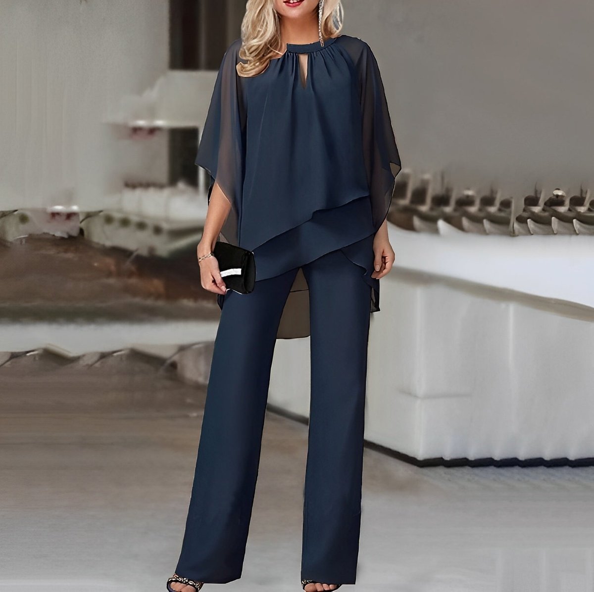 Women's Layered Chiffon Wide Leg Pants Two-Piece Set - Navy Blue