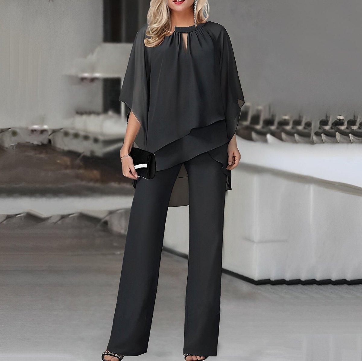 Women's Layered Chiffon Wide Leg Pants Two-Piece Set - Black