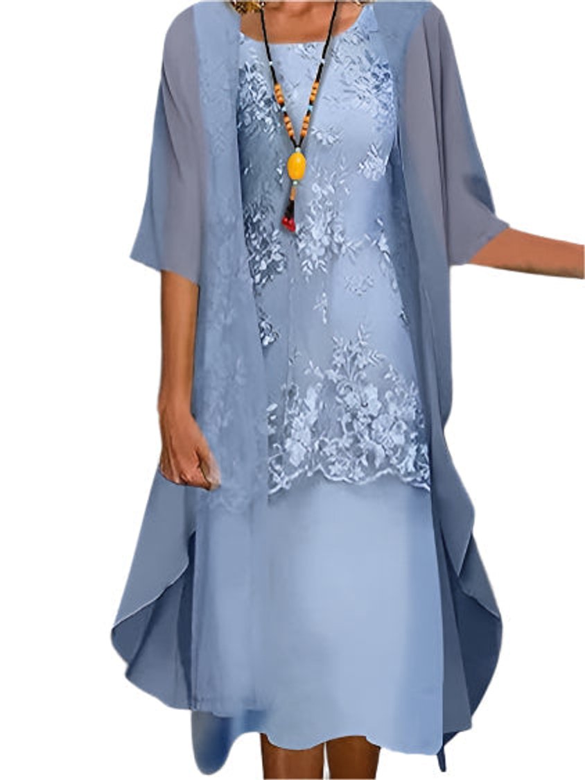 Women's Layered Lace Sheer Sleeve Wedding Guest Dress Midi - Blue