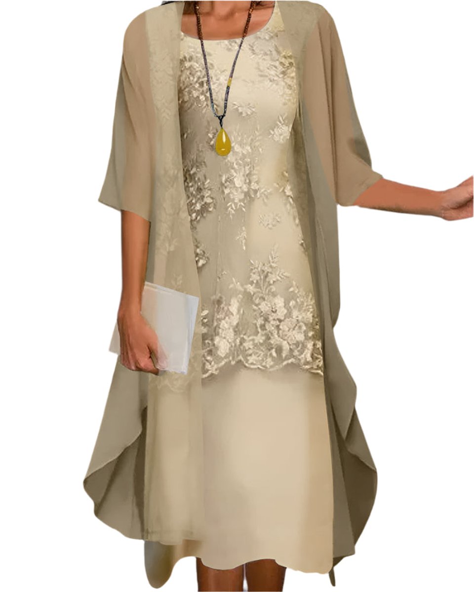 Women's Layered Lace Sheer Sleeve Wedding Guest Dress Midi - Yellow