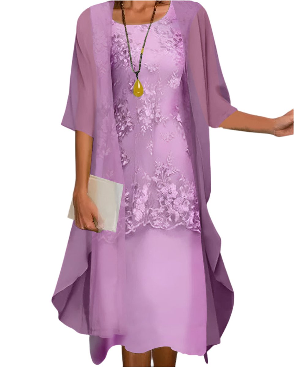 Women's Layered Lace Sheer Sleeve Wedding Guest Dress Midi - Purple