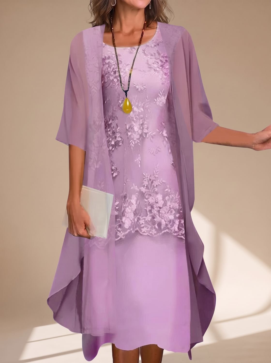 Women's Layered Lace Sheer-Sleeve Wedding Guest Midi Dress - Purple