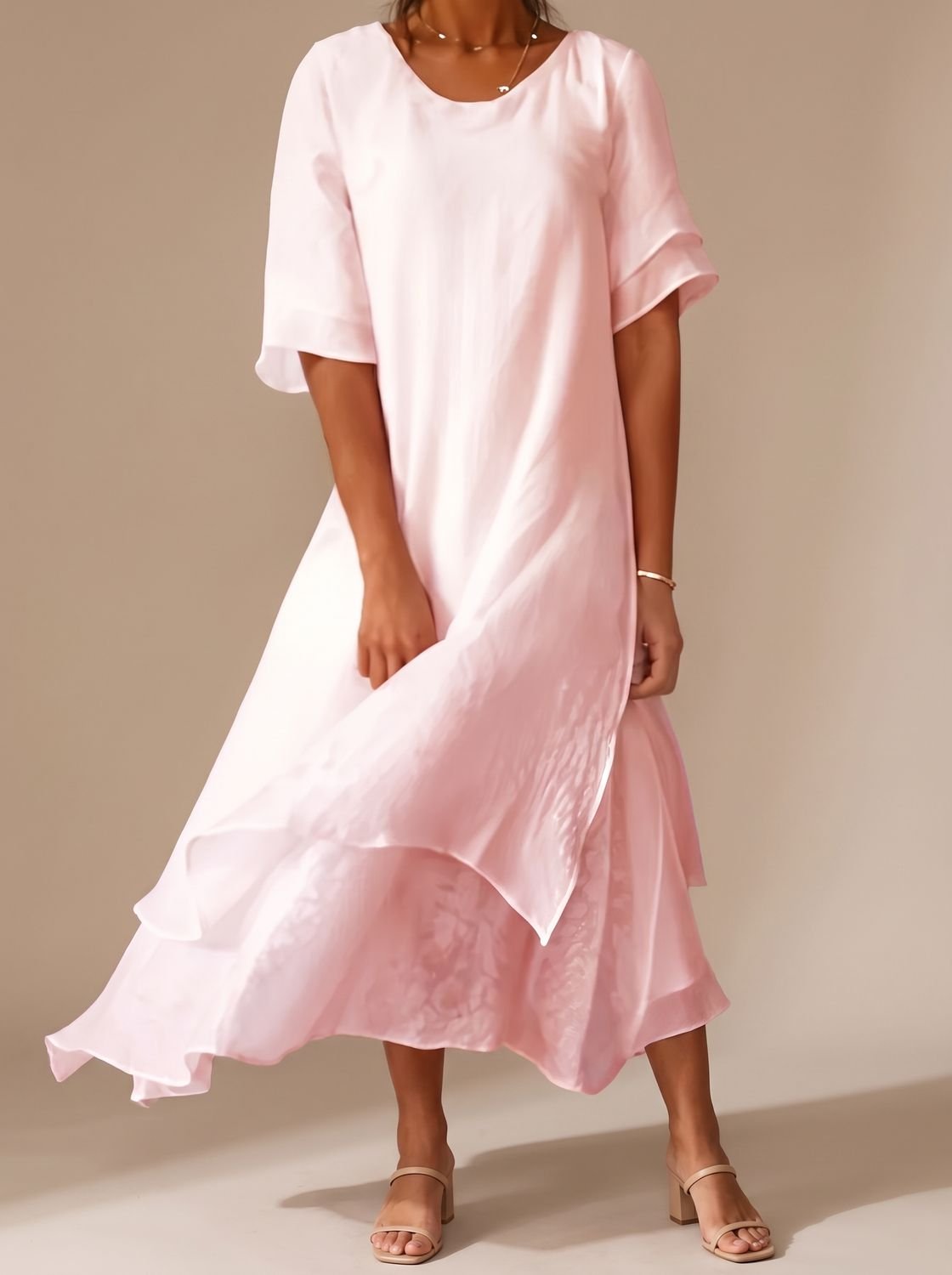 Women's Layered Midi Dress Short-Sleeve Crew-Neck Relaxed Fit - Pink