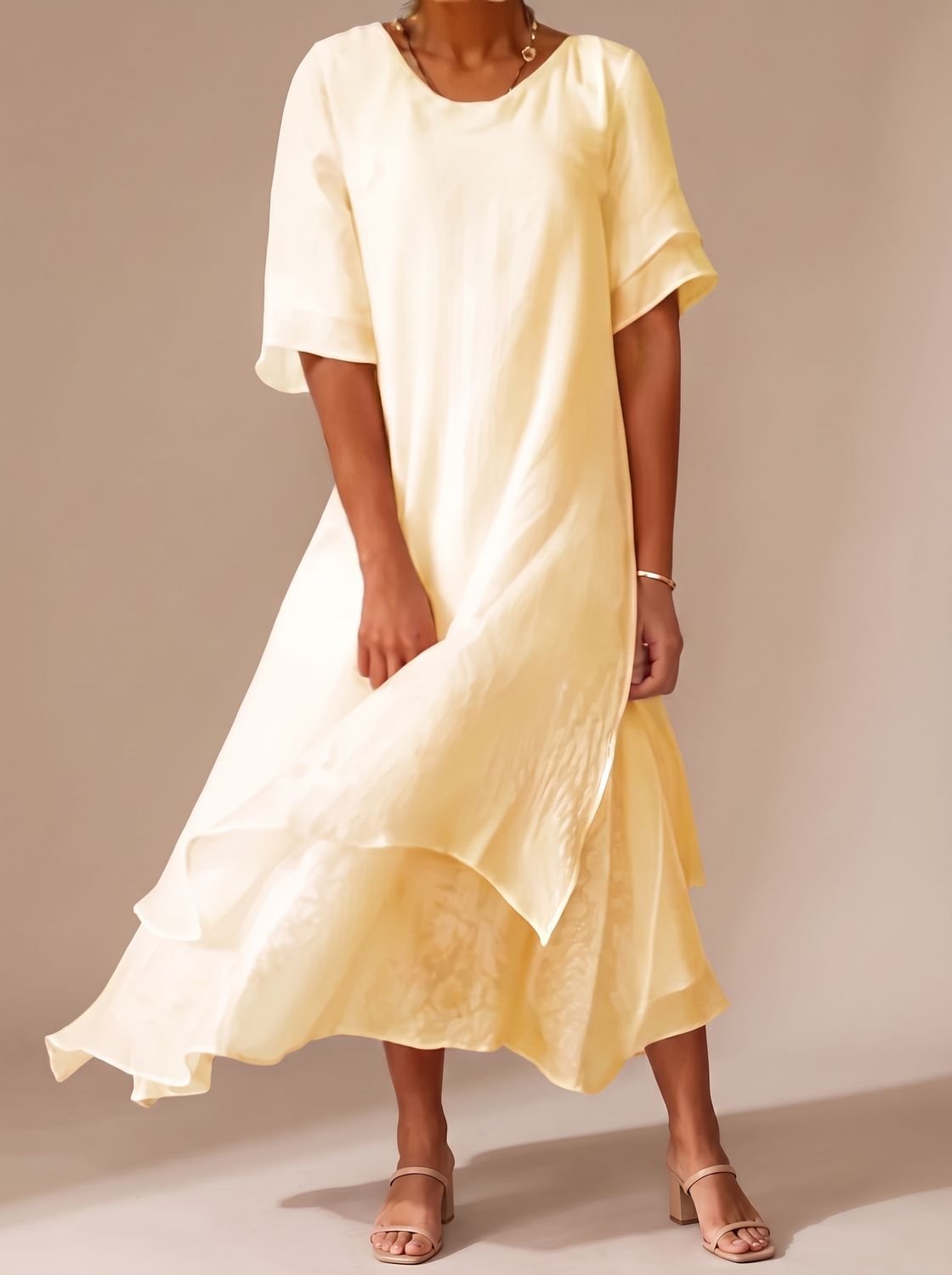 Women's Layered Midi Dress Short-Sleeve Crew-Neck Relaxed Fit - Yellow