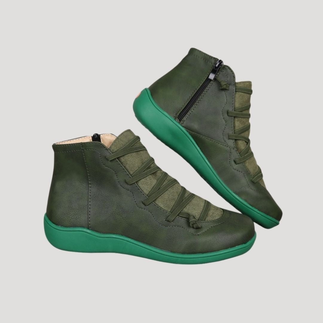 Women's Leather Double-Strap Ankle Boots - Green