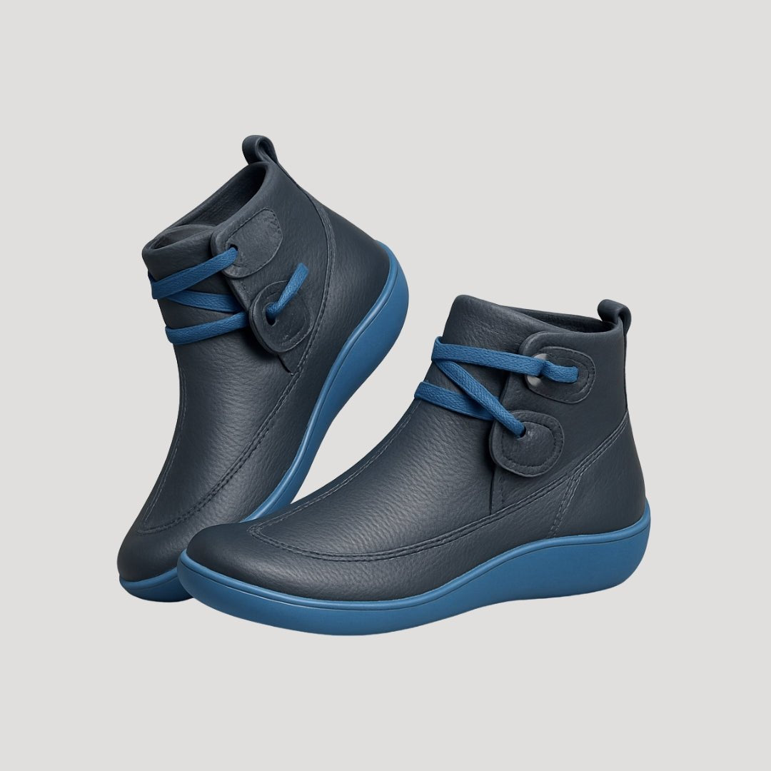 Women's Leather Double-Strap Ankle Boots - Blue