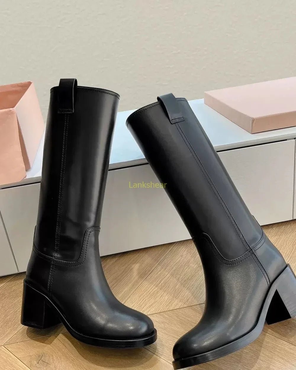 Women's Leather Knee-High Block Heel Boots - Black
