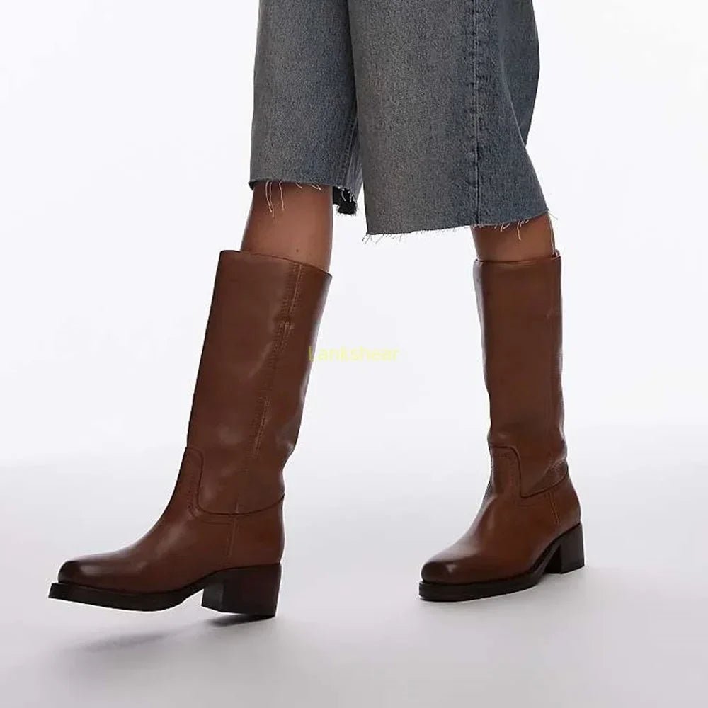 Women's Leather Knee-High Block Heel Boots - Brown