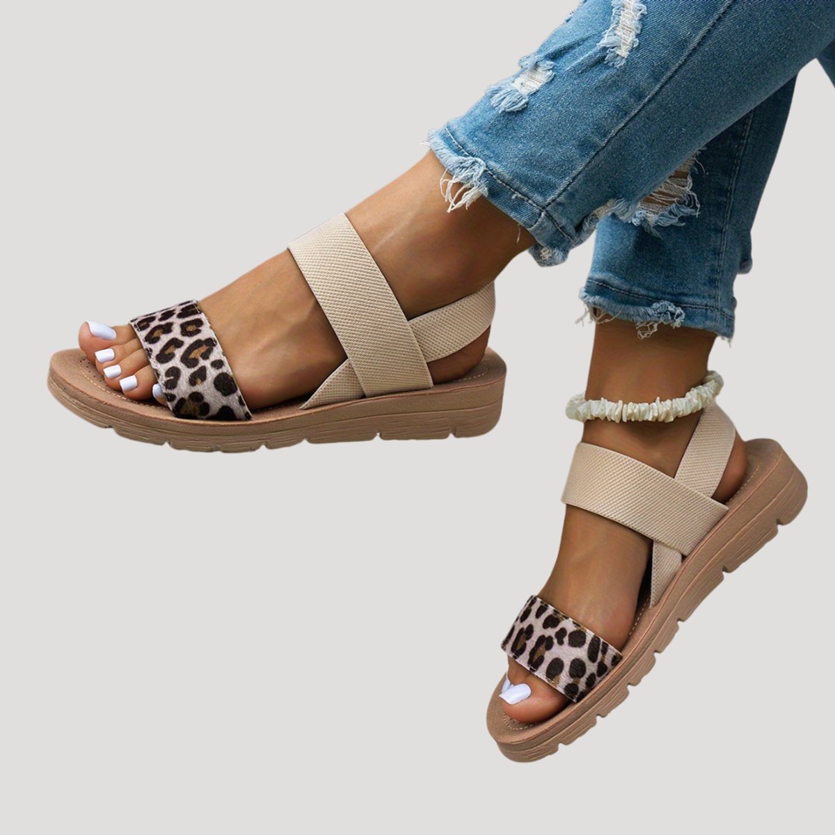 Women's Leopard Print Elastic Strap Flat Comfort Sandals