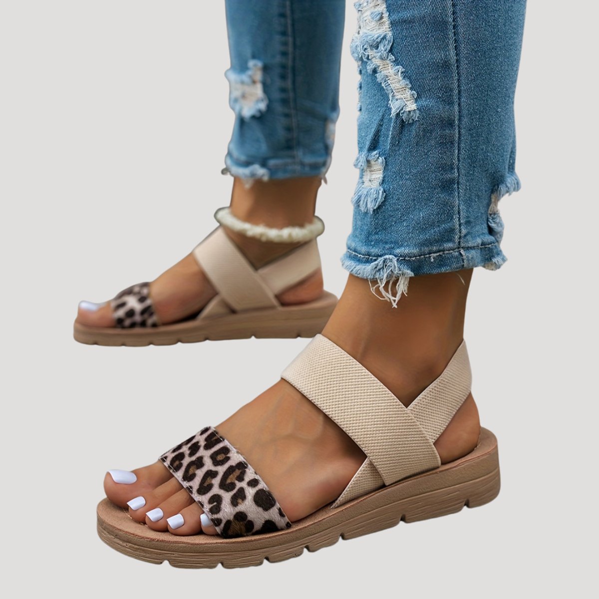 Women's Leopard Print Elastic Strap Flat Comfort Sandals