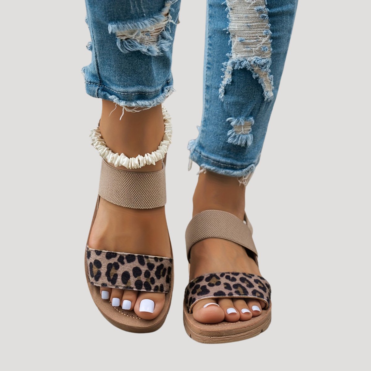 Women's Leopard Print Elastic Strap Flat Comfort Sandals