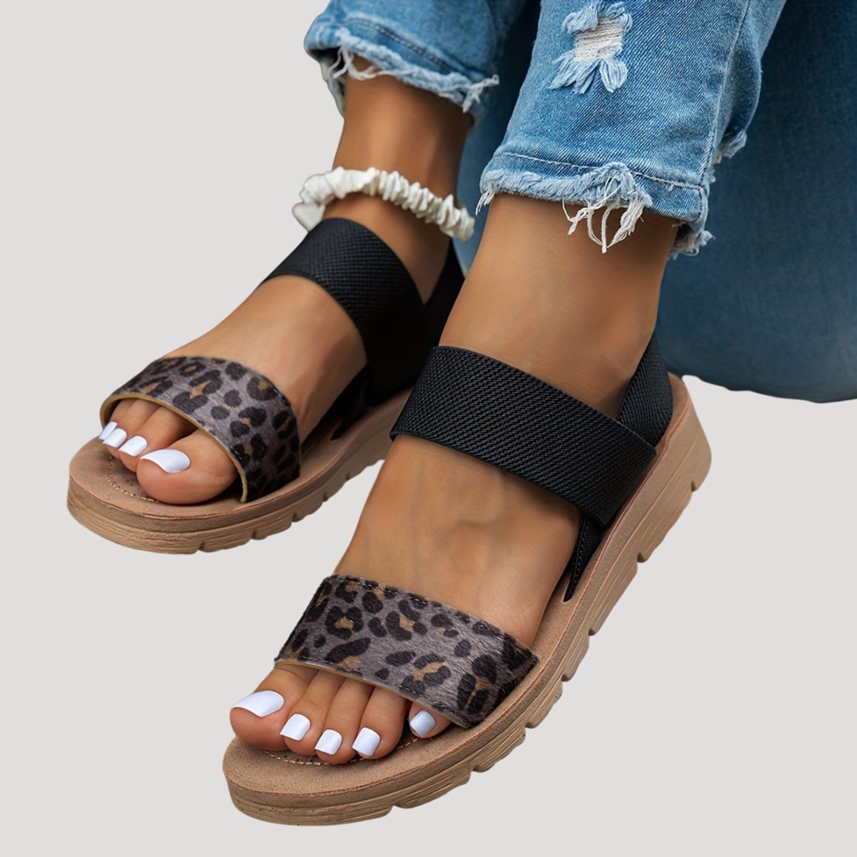 Women's Leopard Print Elastic Strap Flat Comfort Sandals