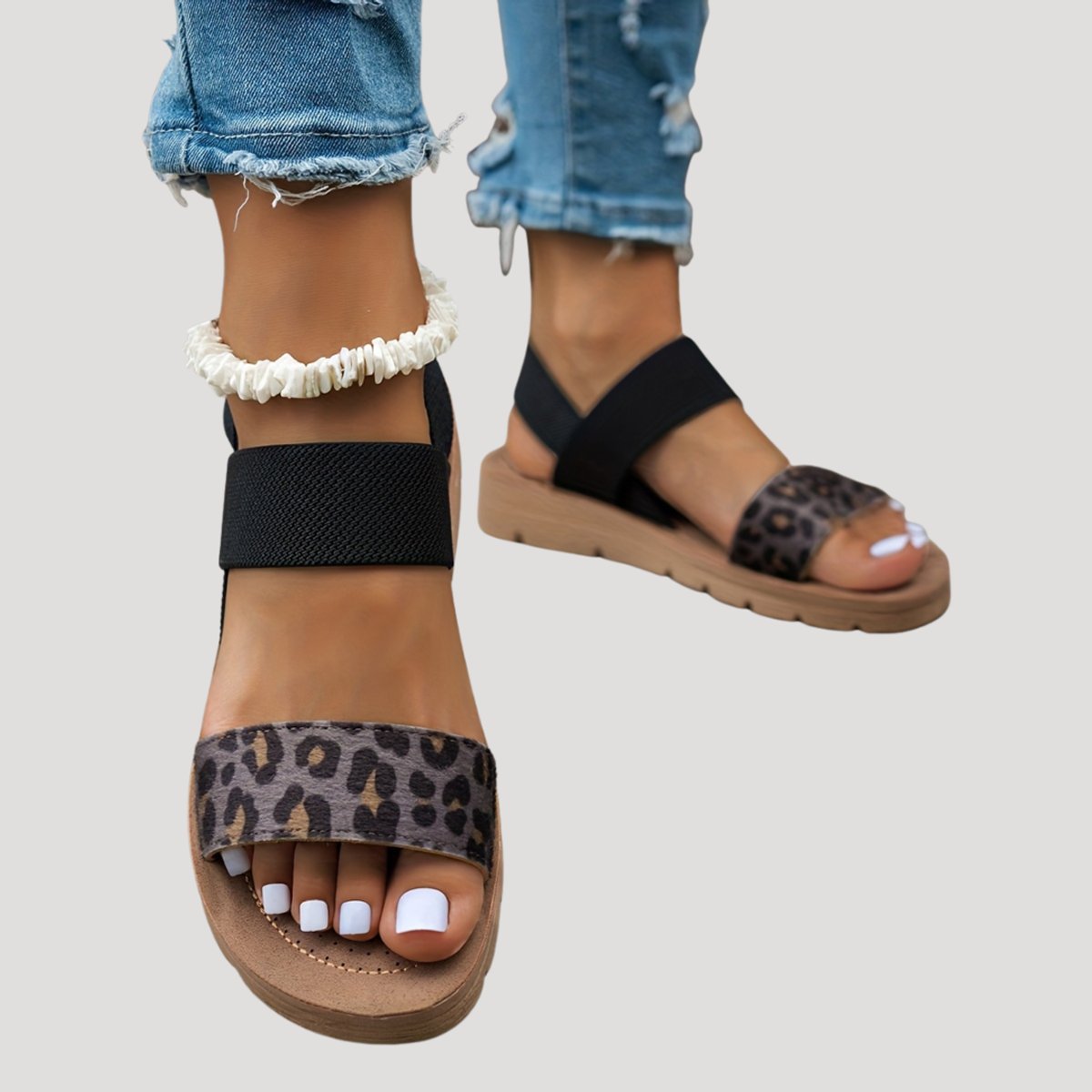Women's Leopard Print Elastic Strap Flat Comfort Sandals