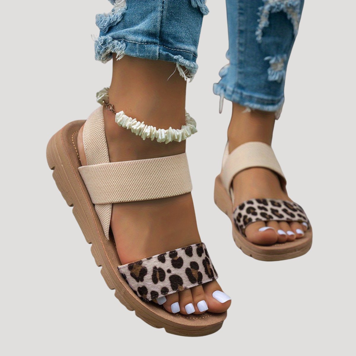 Women's Leopard Print Elastic Strap Flat Comfort Sandals - Beige