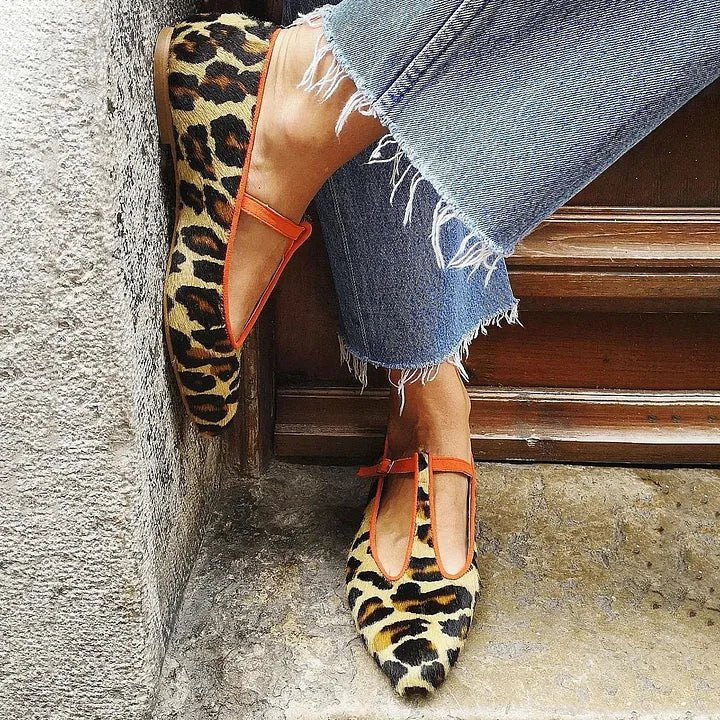 Women's Leopard Print Linen-Textured T-Strap Pointed-Toe Flats