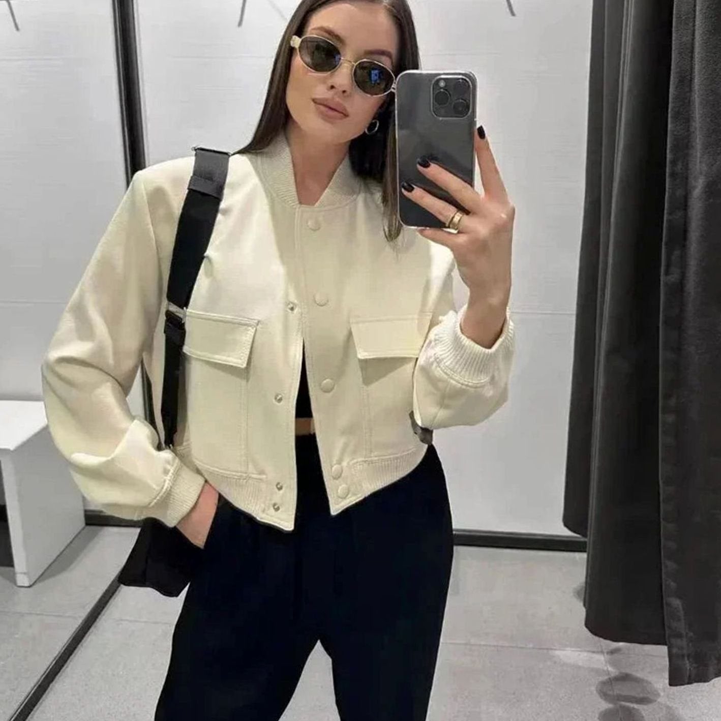 Women's Light Bomber Jacket Snap-Button Ribbed-Trim Blazer - Light Brown