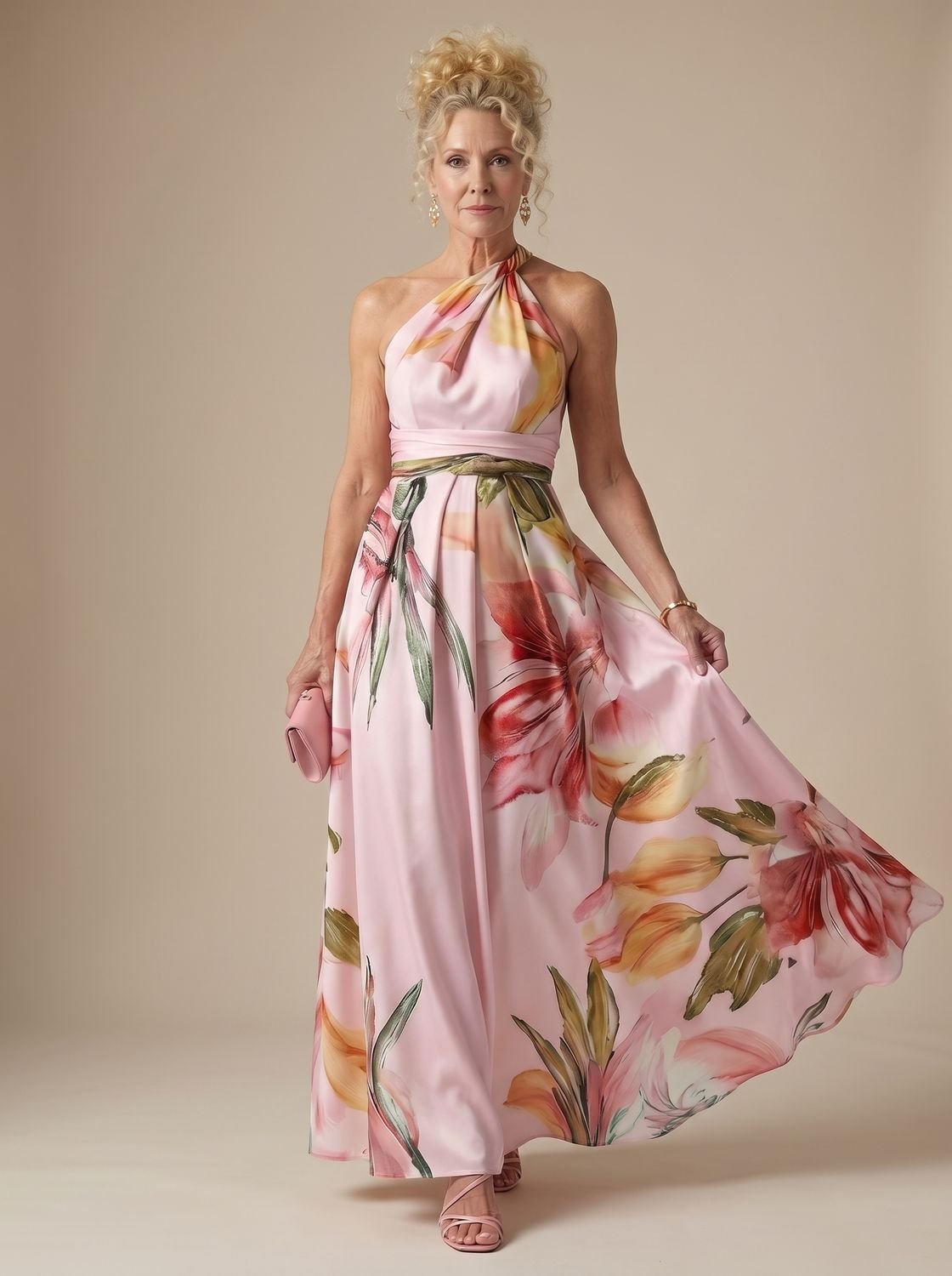 Women's Light Floral Halter-Neck Maxi Dress - Pink