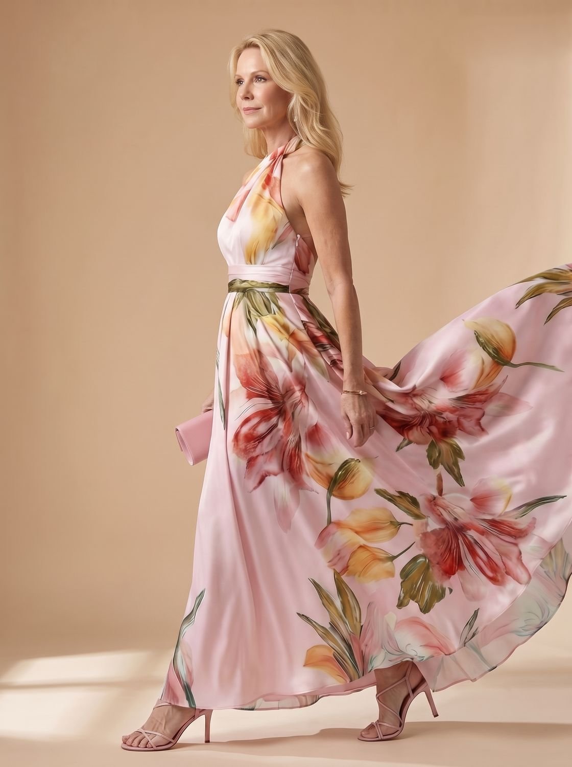 Women's Light Floral Halter-Neck Maxi Dress