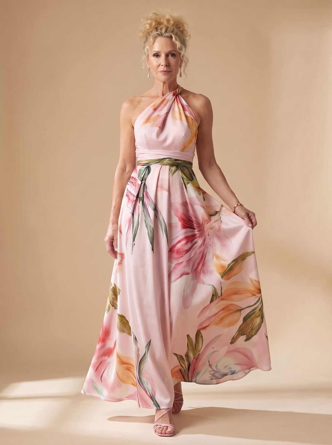 Women's Light Floral Halter-Neck Maxi Dress