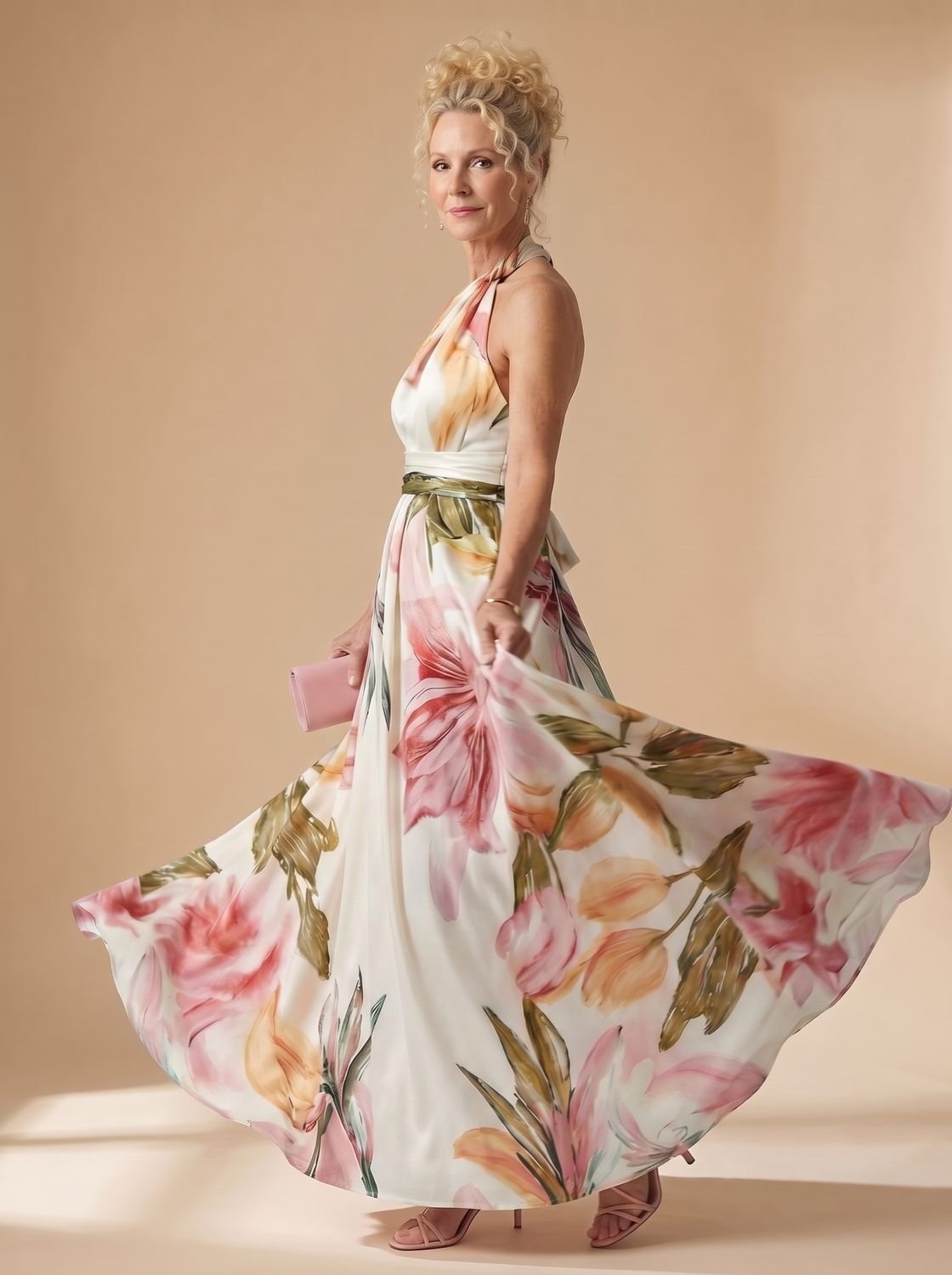 Women's Light Floral Halter-Neck Maxi Dress